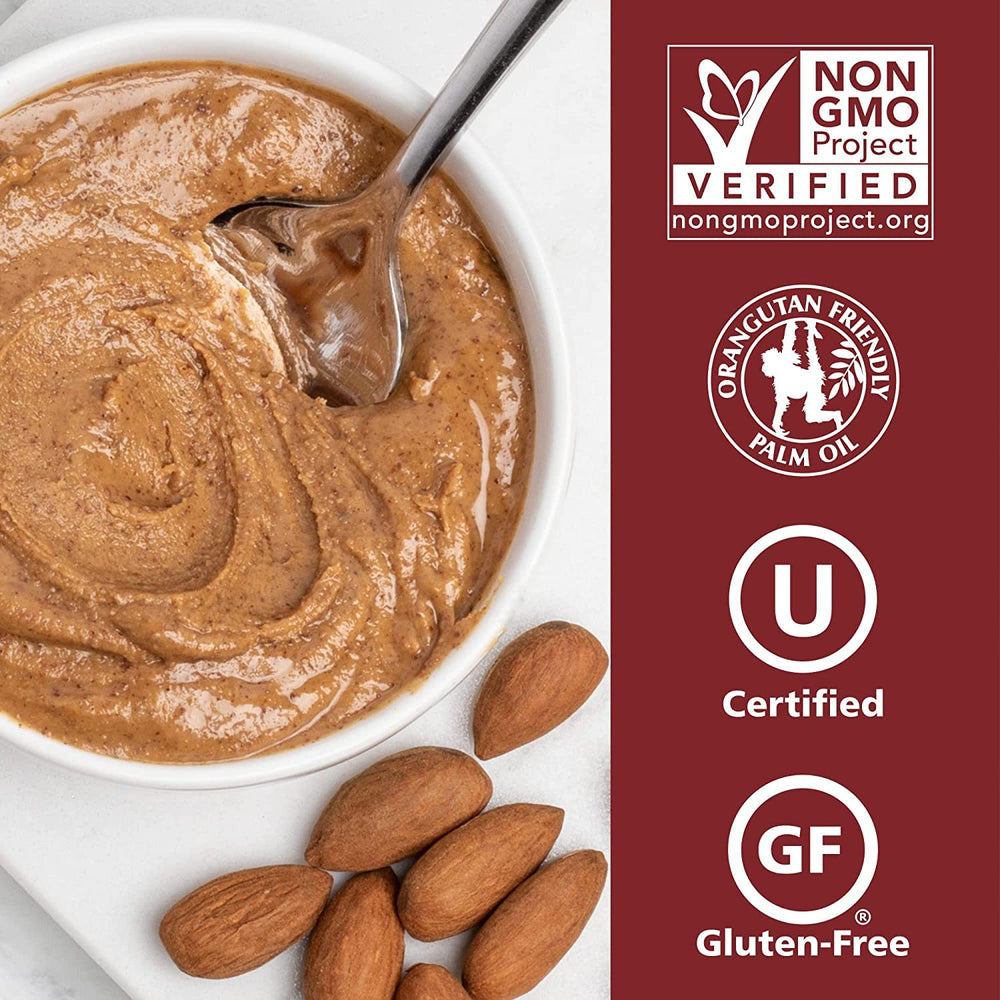 Justin's Almond Butter Classic Jar roasted-almonds close-up evokes toasty aroma.