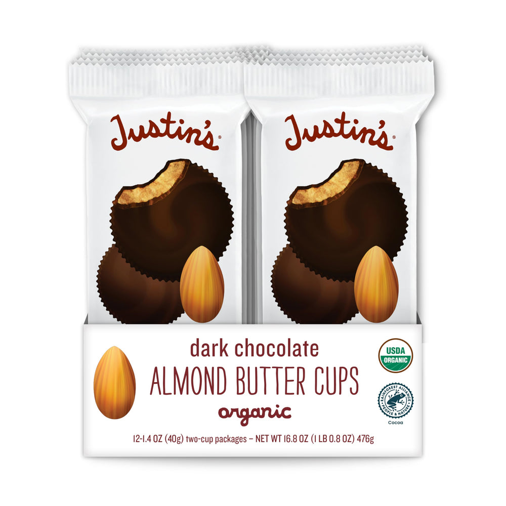 Justin's Organic Almond Butter Cups in dark chocolate, a protein-rich snack for on-the-go energy.