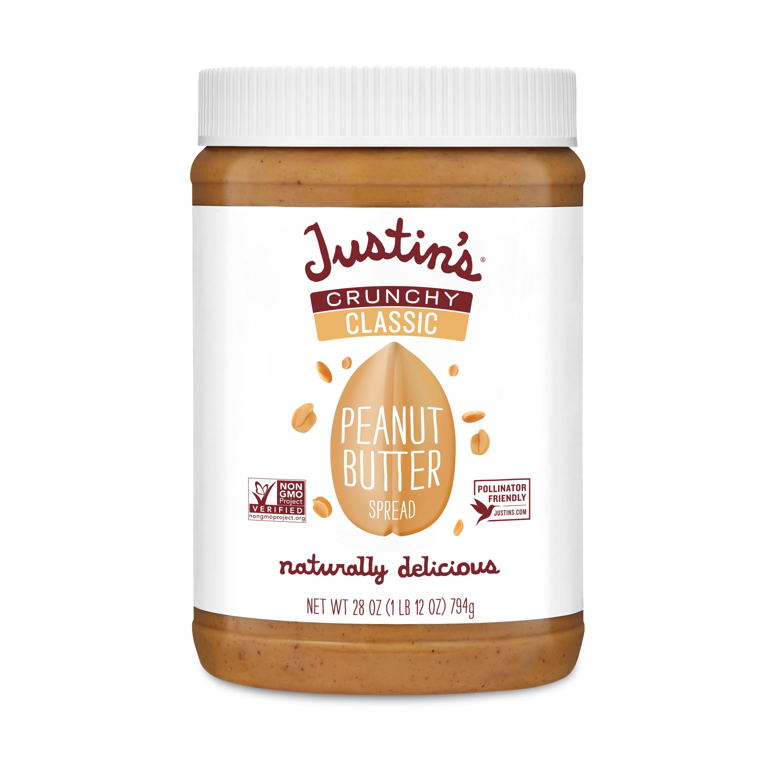 Justins Butter Peanut Crunchy jar on kitchen counter, ready to snack with crunch.