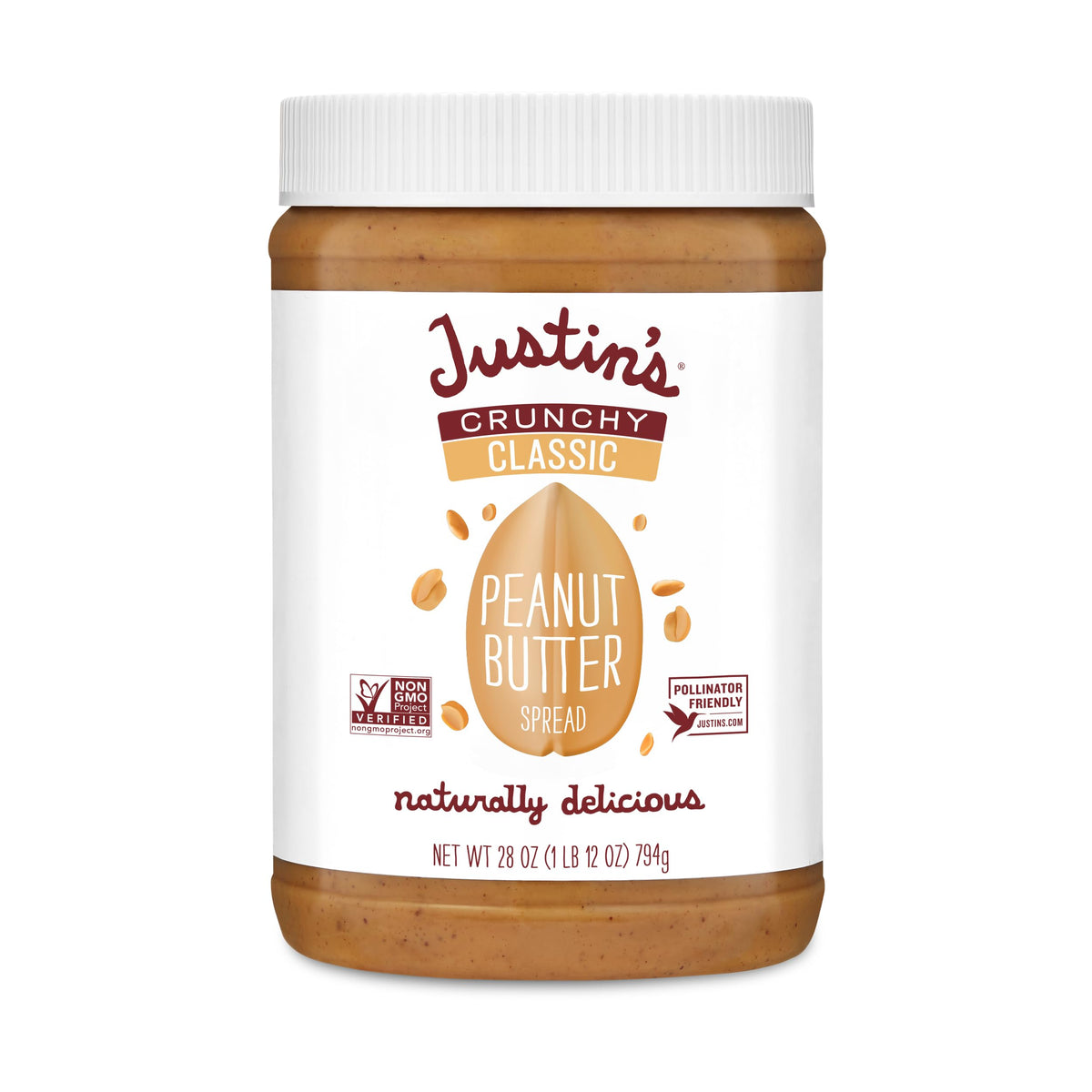 Justins Butter Peanut Crunchy jar on kitchen counter, ready to snack with crunch.