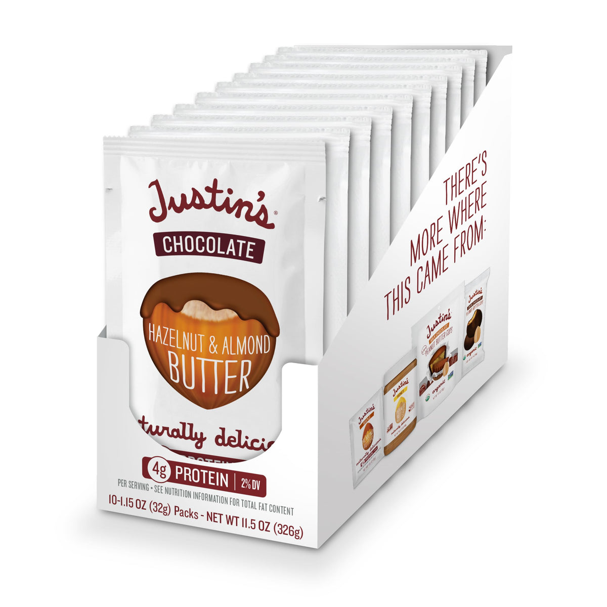 Justin's chocolate hazelnut almond butter squeeze pack, convenient on-the-go nutrition.