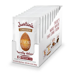 Justin's Cinnamon Almond Butter squeeze pack front view for on-the-go snacking.