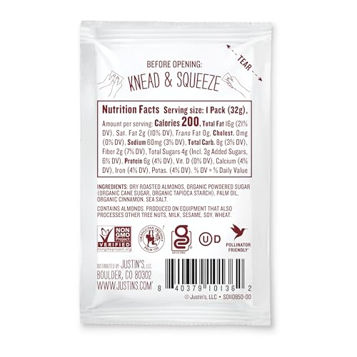 Justin's Cinnamon Almond Butter squeeze pack nutrition panel emphasizes protein per serving.