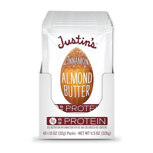 Justin's Cinnamon Almond Butter pack side view highlights portable snack convenience.