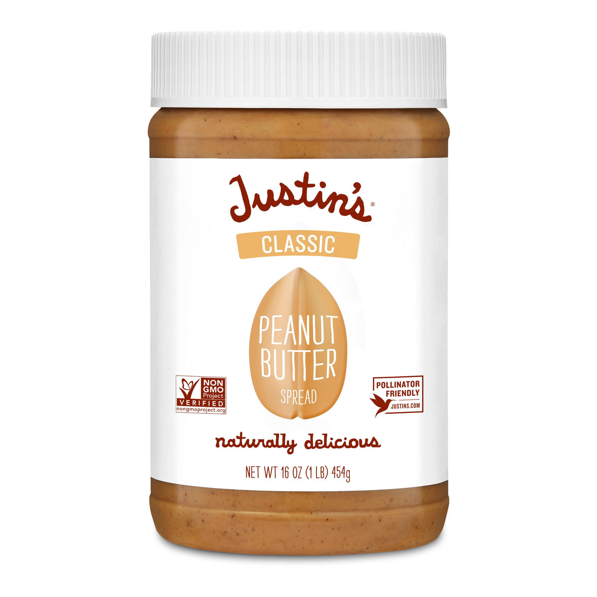 Justin's Classic Peanut Butter jar front view showing two-ingredient simplicity