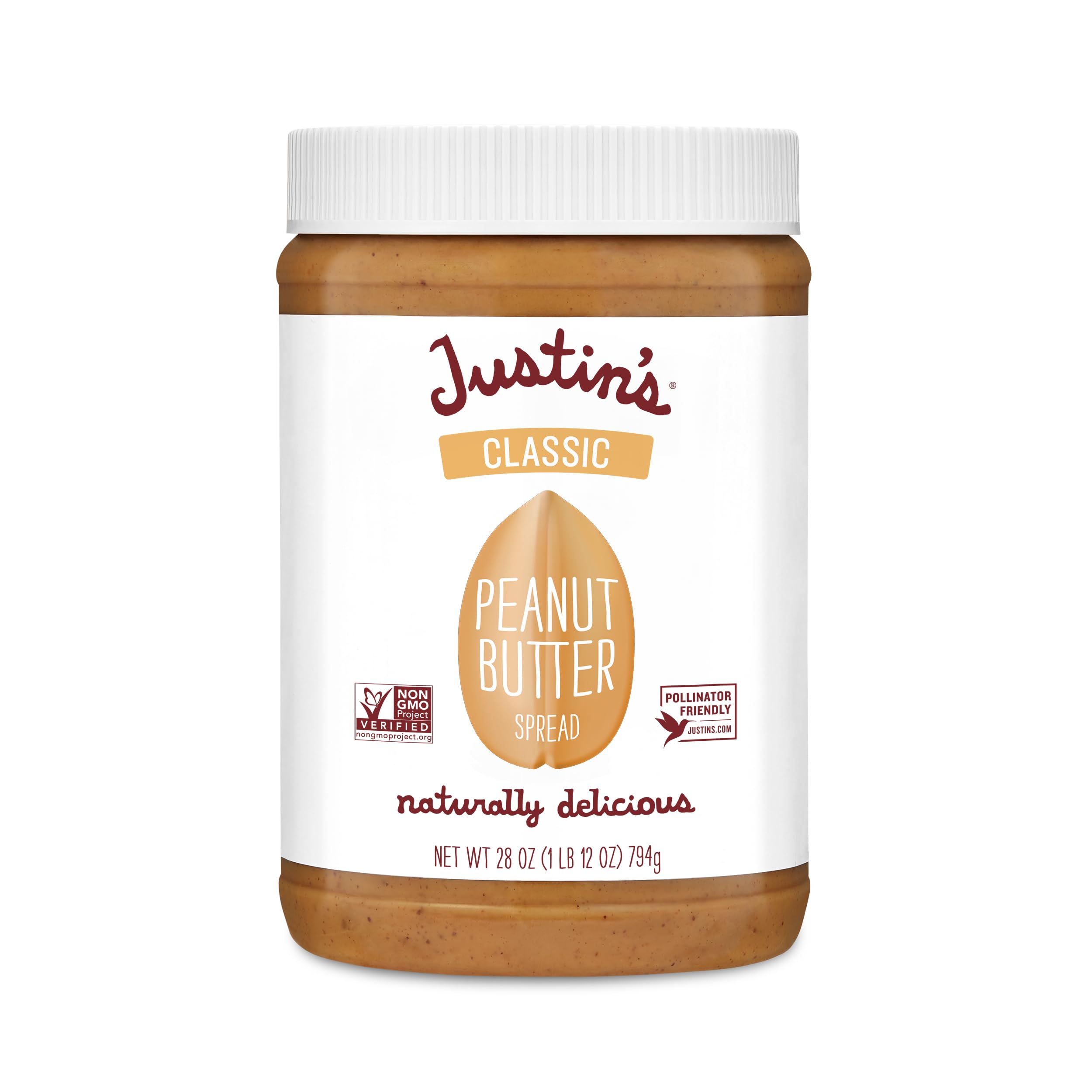 Justin's Classic Peanut Butter Jar on kitchen counter, smooth texture for quick snacks.