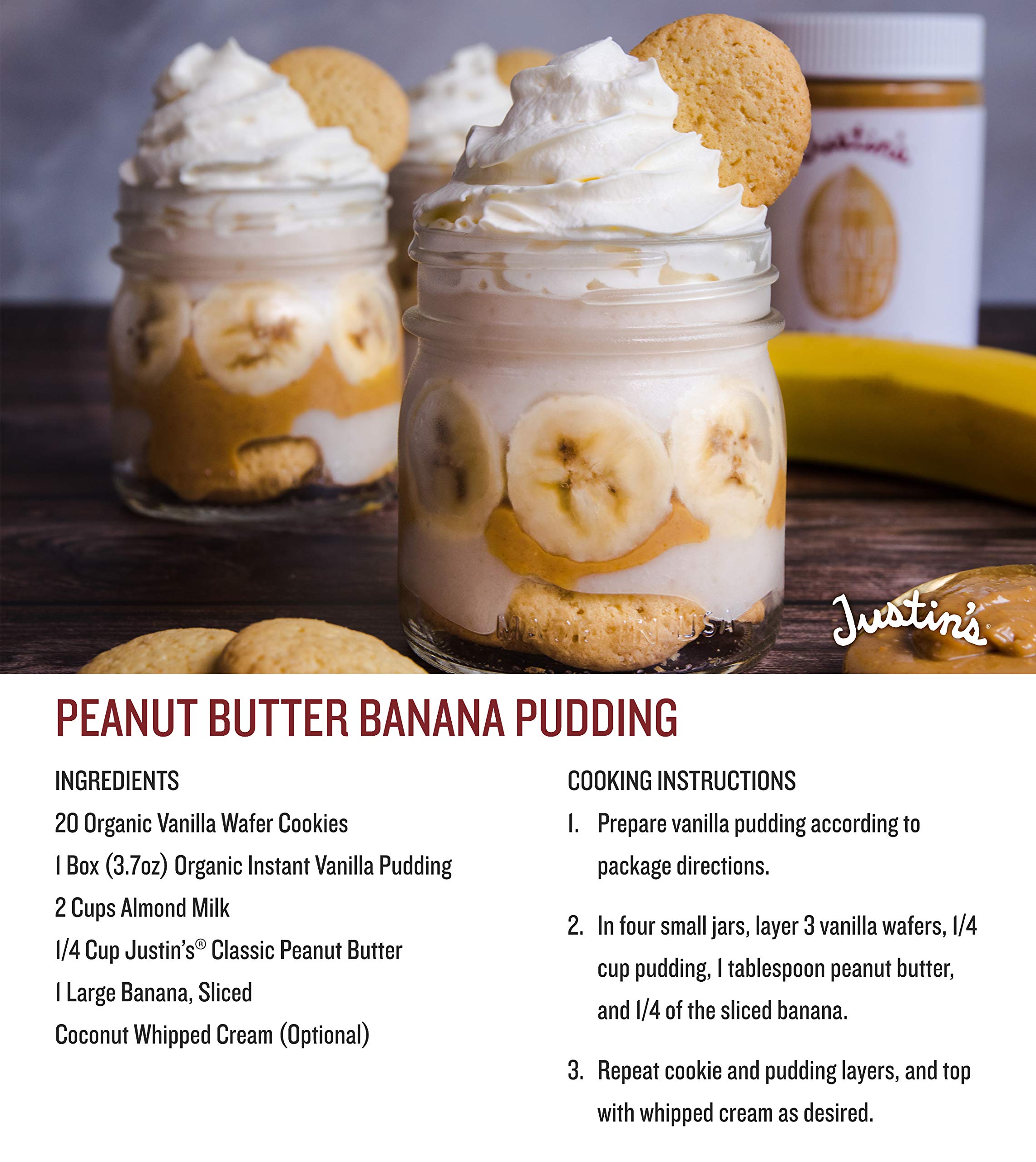 Justin's Classic Peanut Butter no-stir label close-up highlights convenient no stirring needed