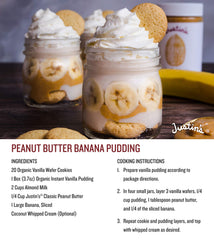 Justin's Classic Peanut Butter no-stir label close-up highlights convenient no stirring needed
