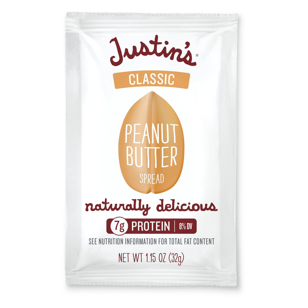 Justin's Classic Peanut Butter Singles packaging shows convenient single-serve packets for on-the-go snacking.