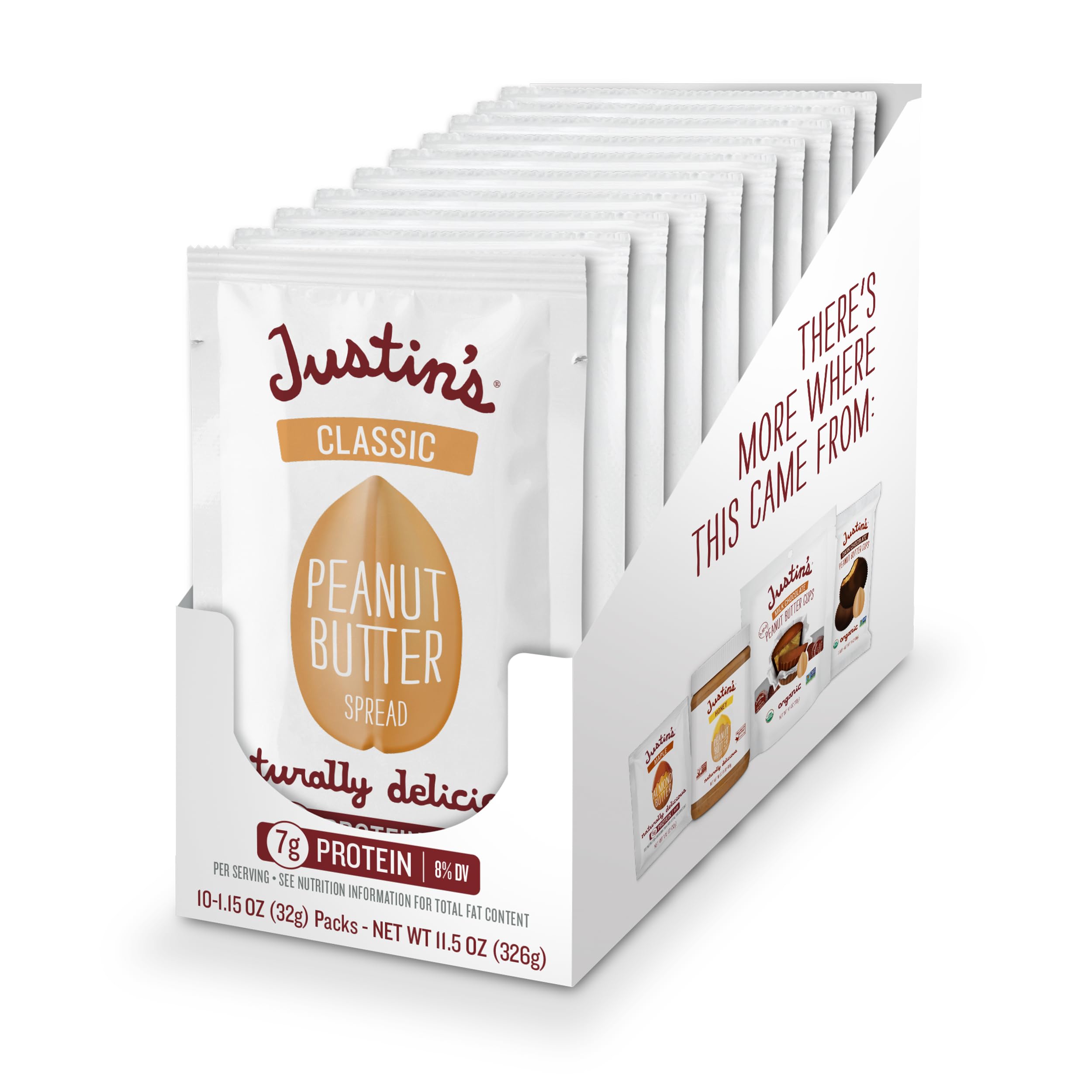 JUSTIN'S Classic peanut butter squeeze pack 10-pack, convenient breakfast on the go.