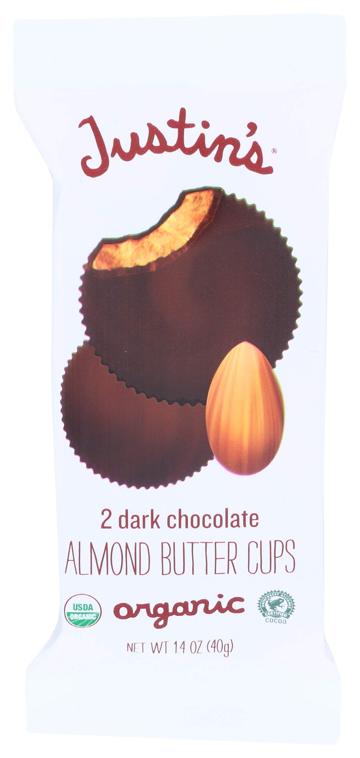 Justin's dark chocolate cups almond btr packaging shows premium ingredients and convenience