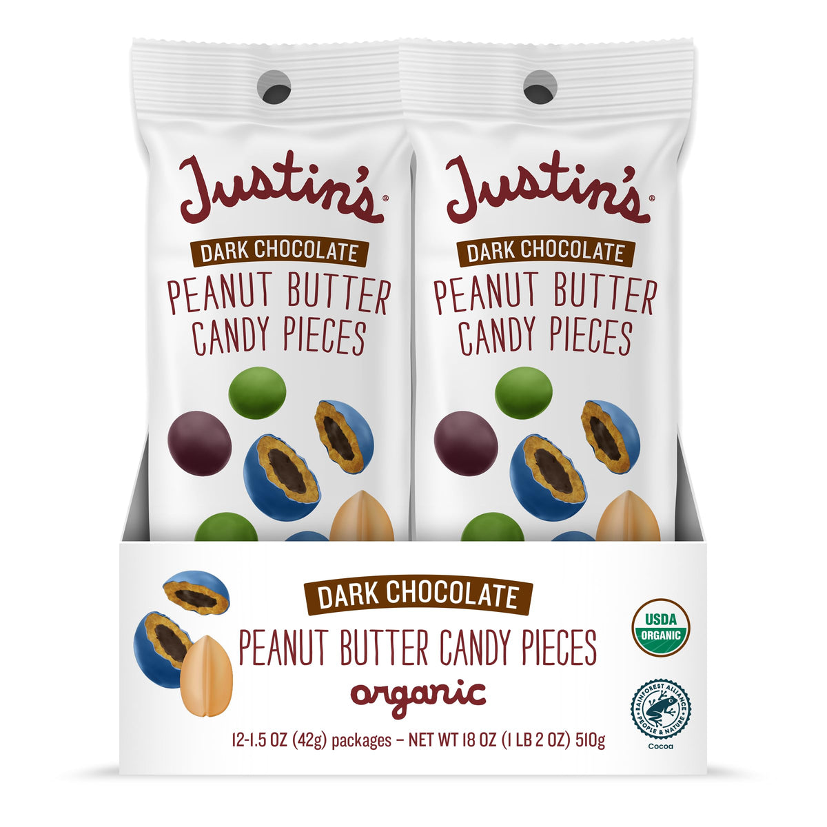 Justin's dark chocolate peanut butter candy pieces 12-pack front view, ideal for on-the-go snacking.