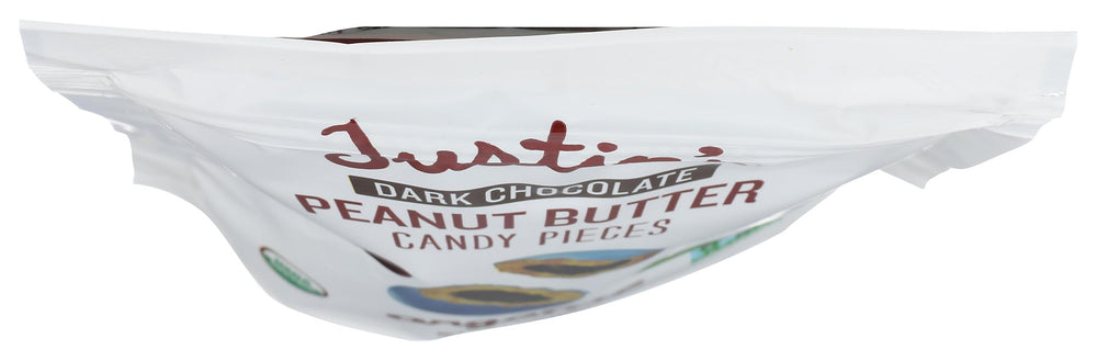 Justin's dark chocolate peanut butter pieces packaging, showcasing premium ingredients for quality snacking.