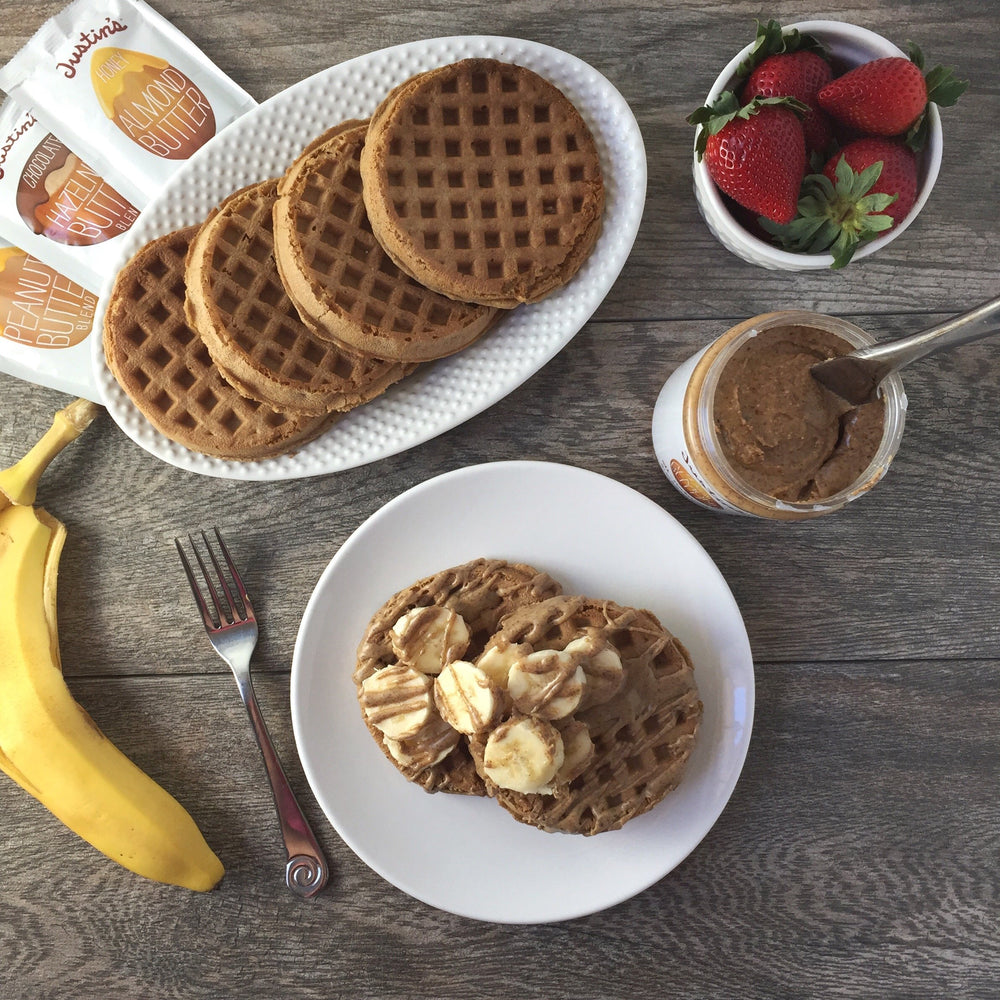 Justin's Honey Almond Butter Squeeze Pack labeled nutrition info and gluten-free badge