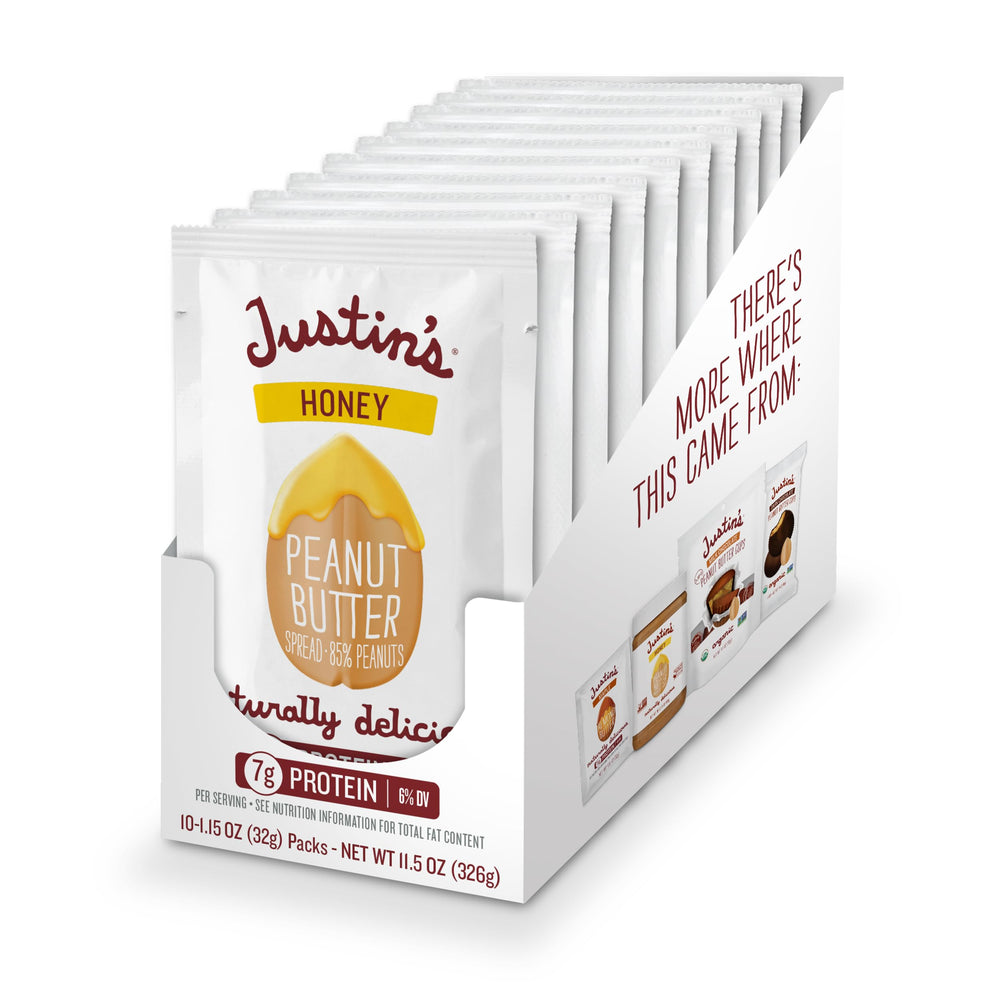 Justin's Honey Peanut Butter Squeeze Pack ready for on-the-go protein snack