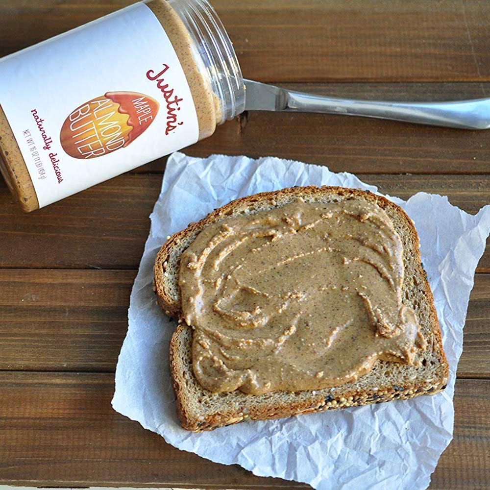 Justin's Maple Almond Butter jar stack, convenient 16-ounce jar for adventures