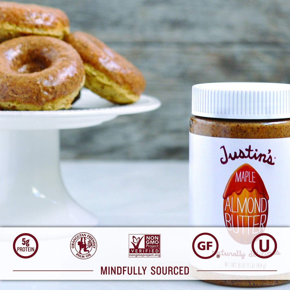 Justin's Maple Almond Butter label close-up, gluten-free and non-GMO verified