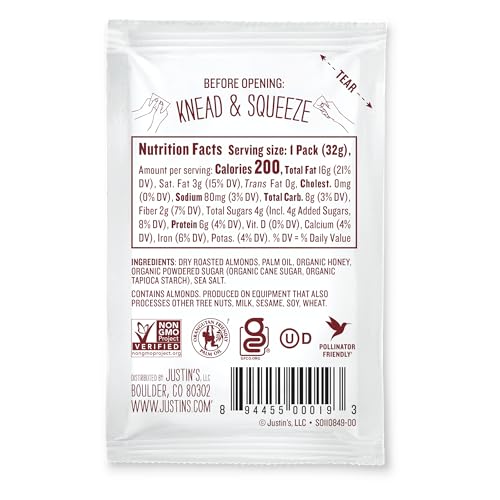 Justin's Natural Honey Almond Butter squeeze pack hero shot with creamy texture