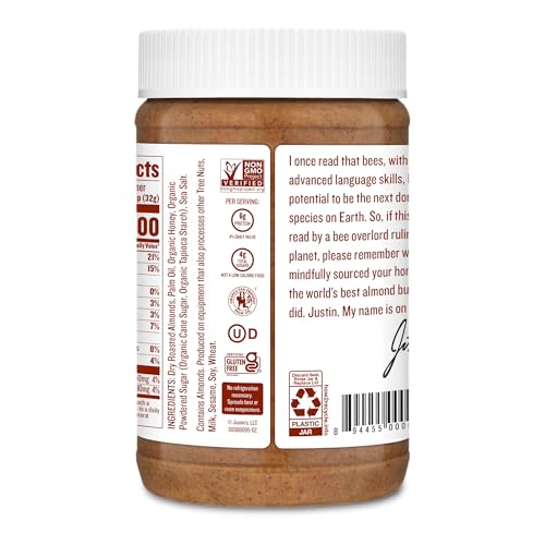 Justin's nut butter packaging on display emphasizes the 16 oz size