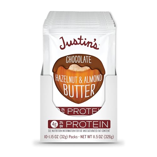 Justin's organic cocoa label and gluten-free badge on packaging.