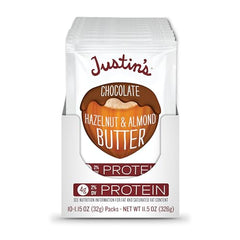 Justin's organic cocoa label and gluten-free badge on packaging.