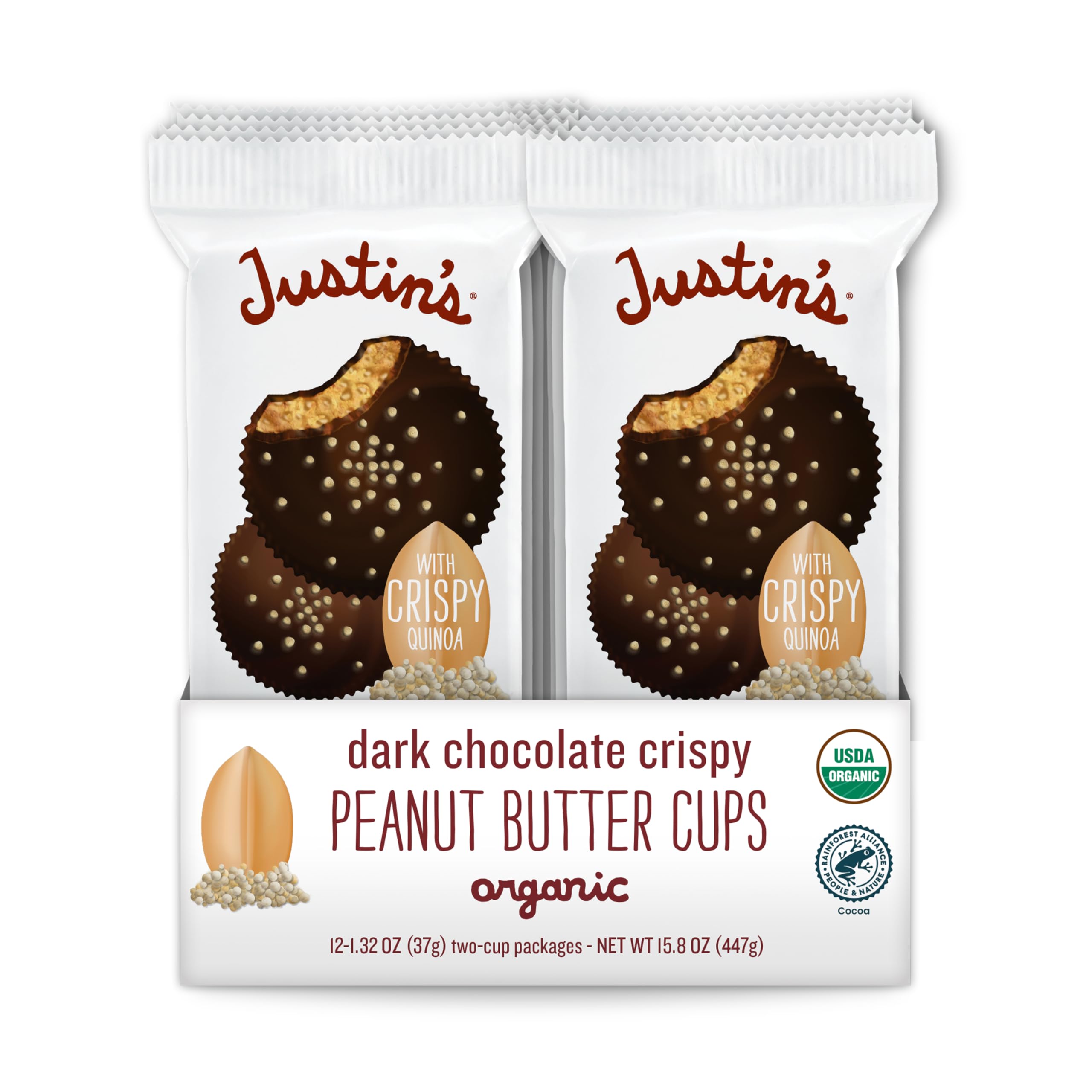 Justin's organic crispy dark chocolate peanut butter cups in 12-pack display, gluten-free and non-GMO snack option.