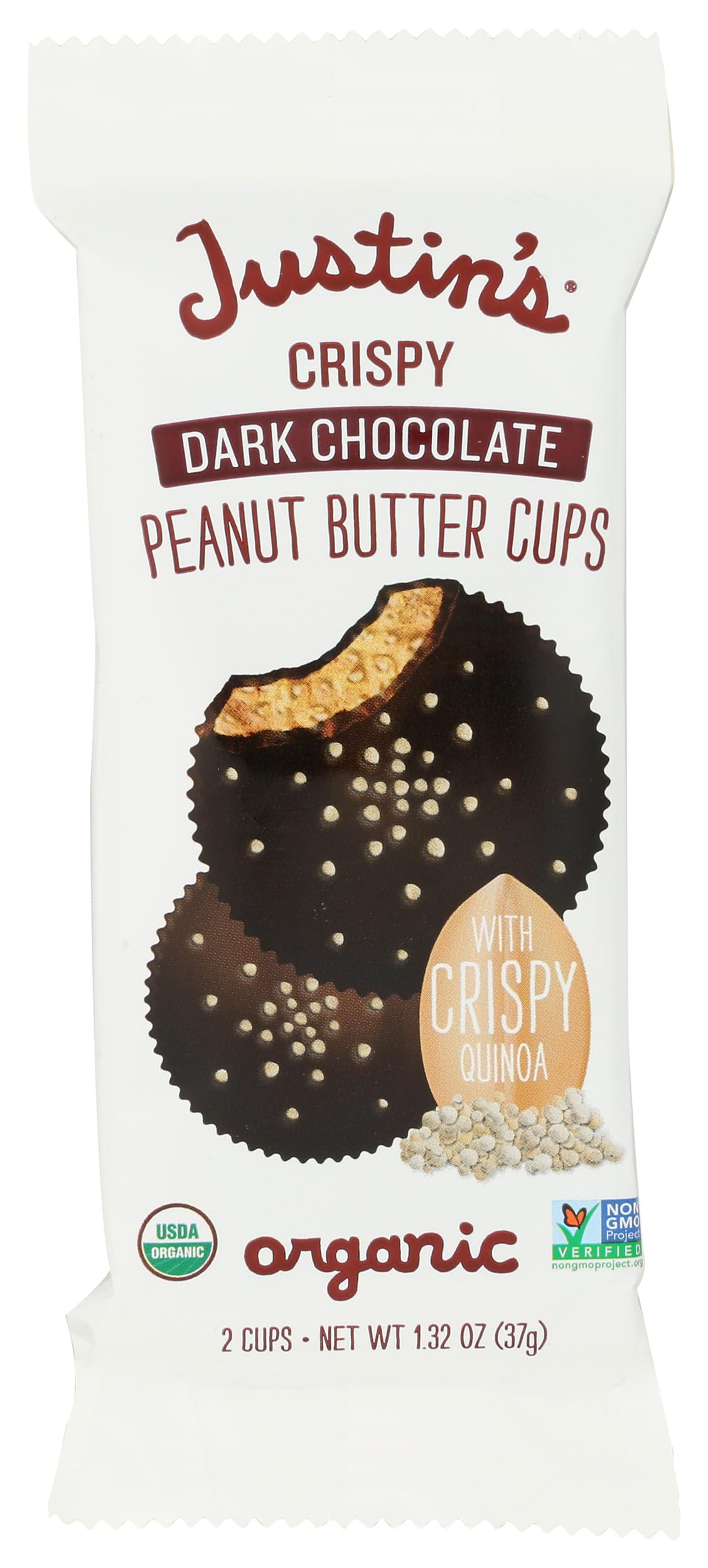 Justin's organic dark chocolate crispy peanut butter cups packaging highlights premium snack for on-the-go.
