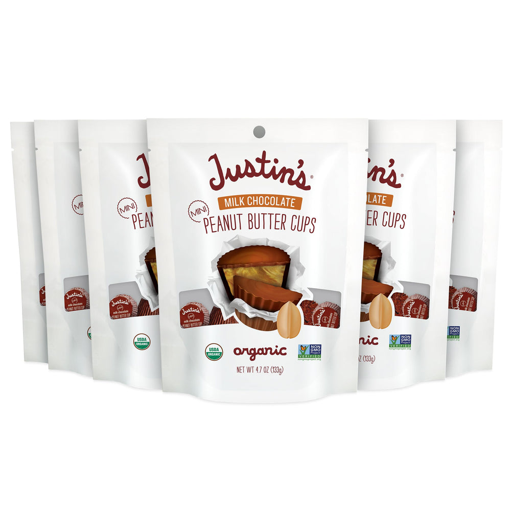 Justin's mini milk chocolate peanut butter cups in packaging, ideal for sharing on the go.