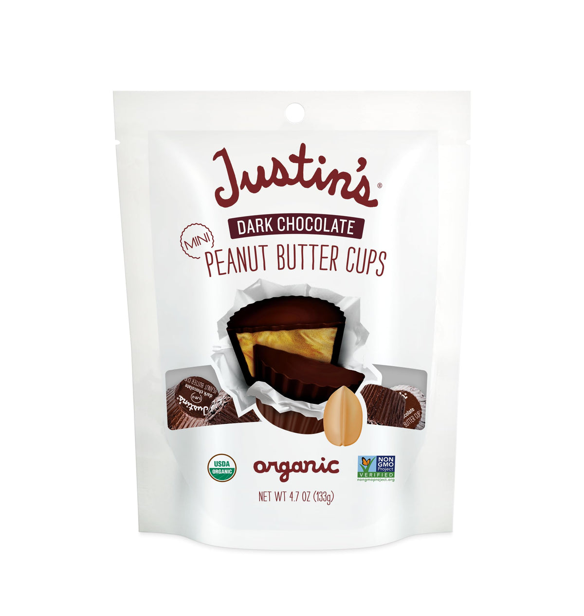 Justin's Organic Mini Peanut Butter Cups dark chocolate front view, ideal on-the-go snack.