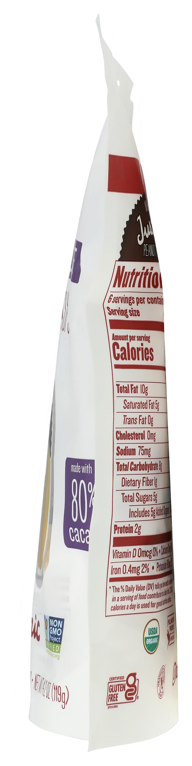Justins organic ingredients label emphasizes clean, allergen-friendly snacking choices
