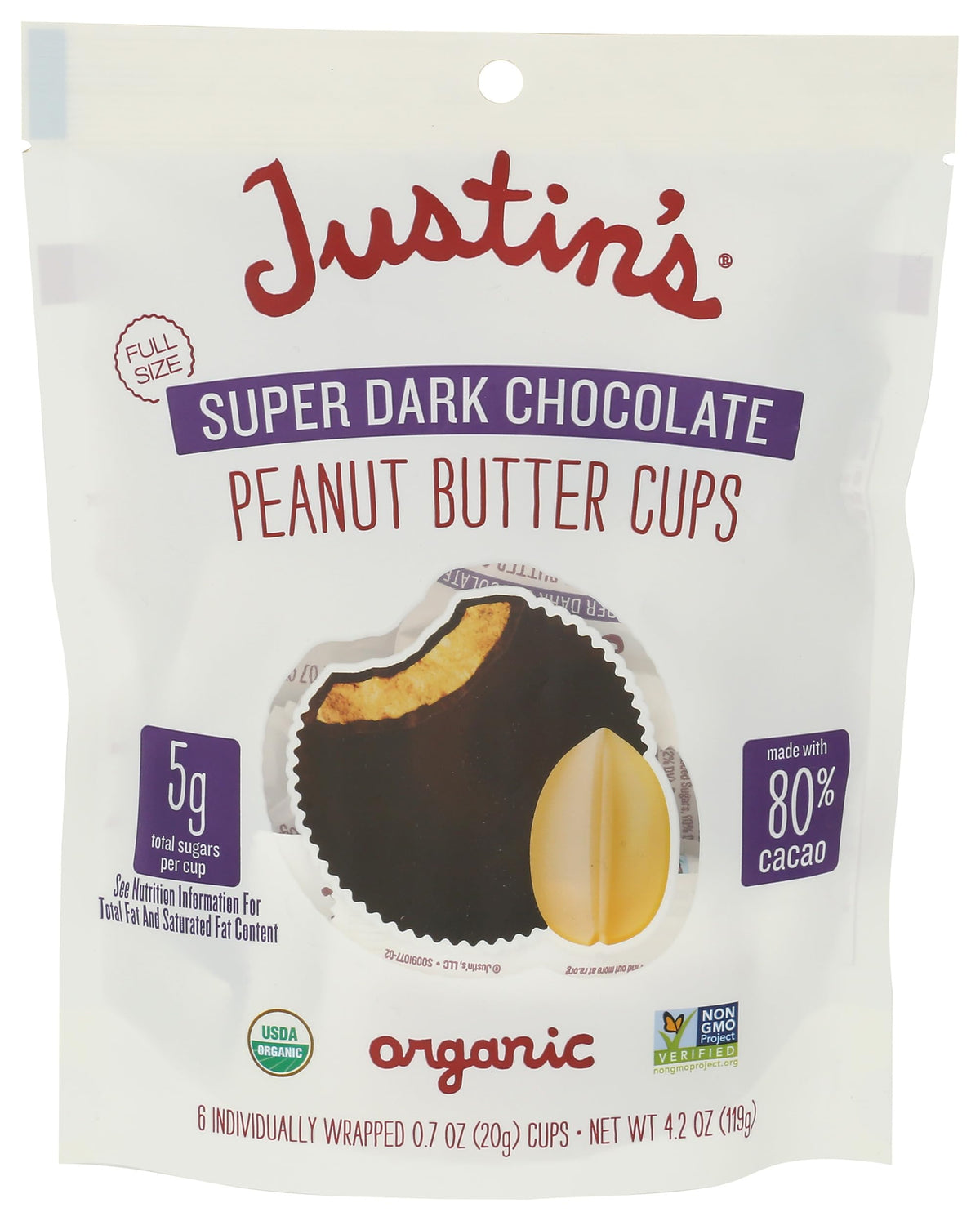 Justins Organic Super Dark Chocolate Peanut Butter Cups packaging close-up highlighting premium ingredients