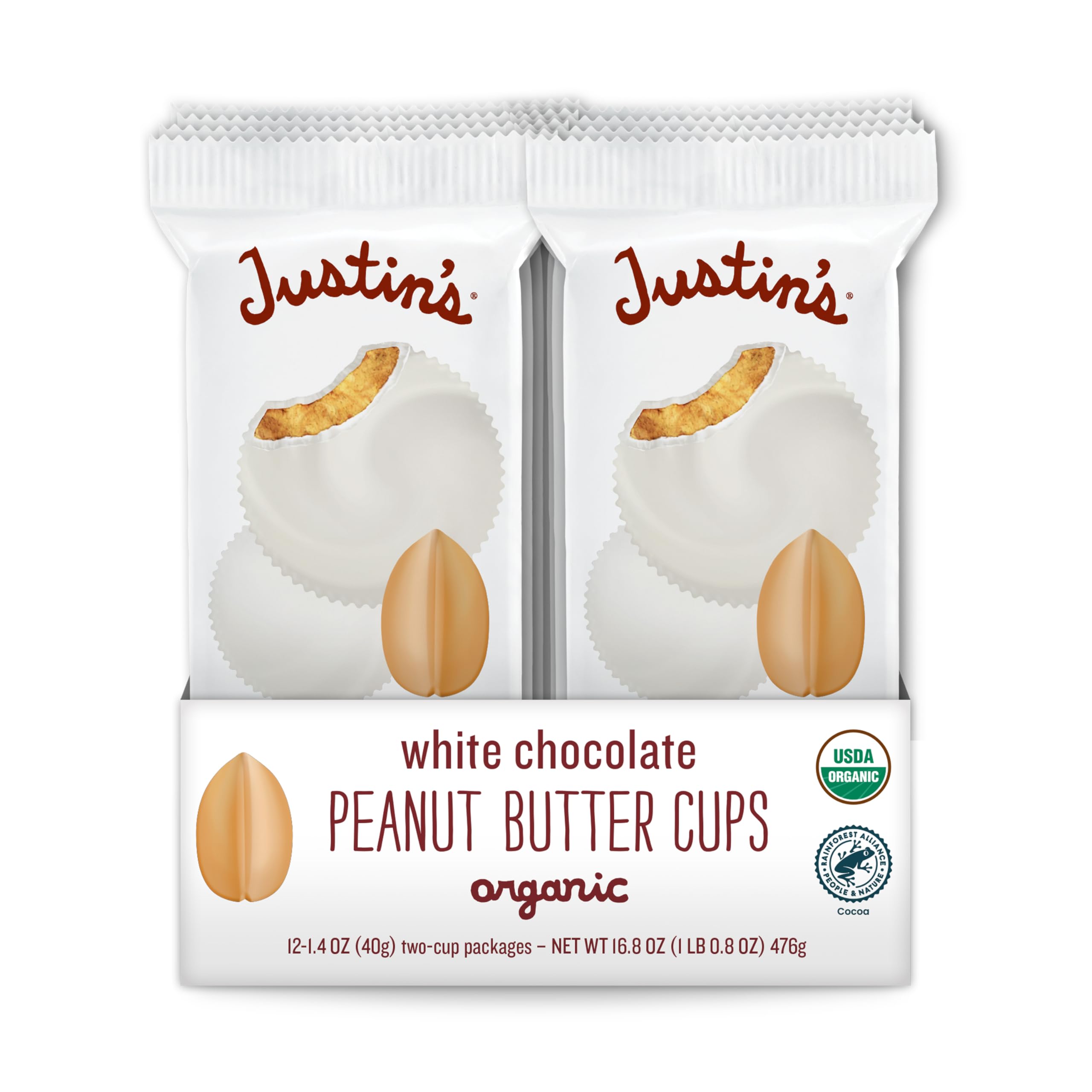 Justin's Organic White Chocolate Peanut Butter Cups pack on counter for convenient snacking