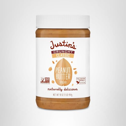 Justins Peanut Butter Classic Crnch on a kitchen counter setup for everyday pantry staple.