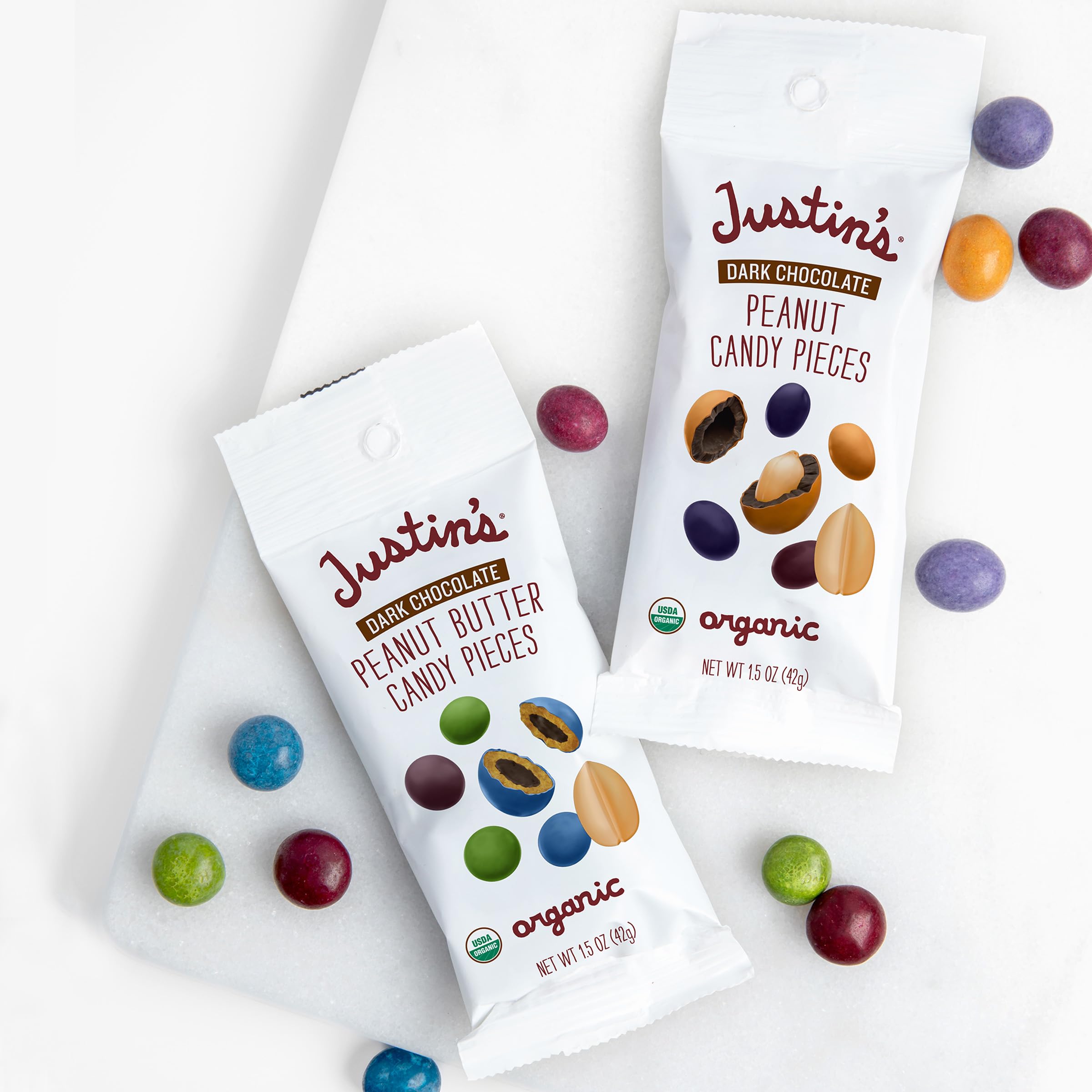 Justin's rainforest alliance cocoa seal on packaging signals responsible sourcing.