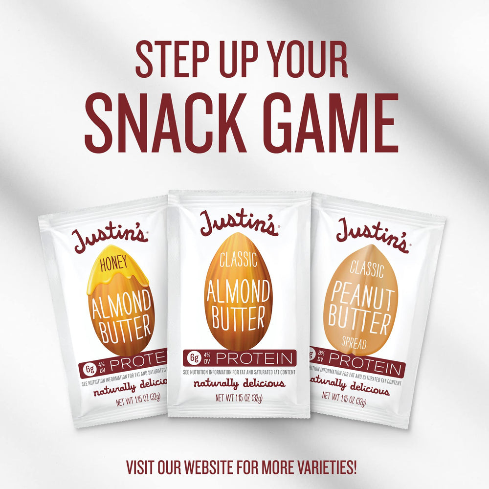 A 10-pack display of Justin's vanilla almond butter for family snacks.