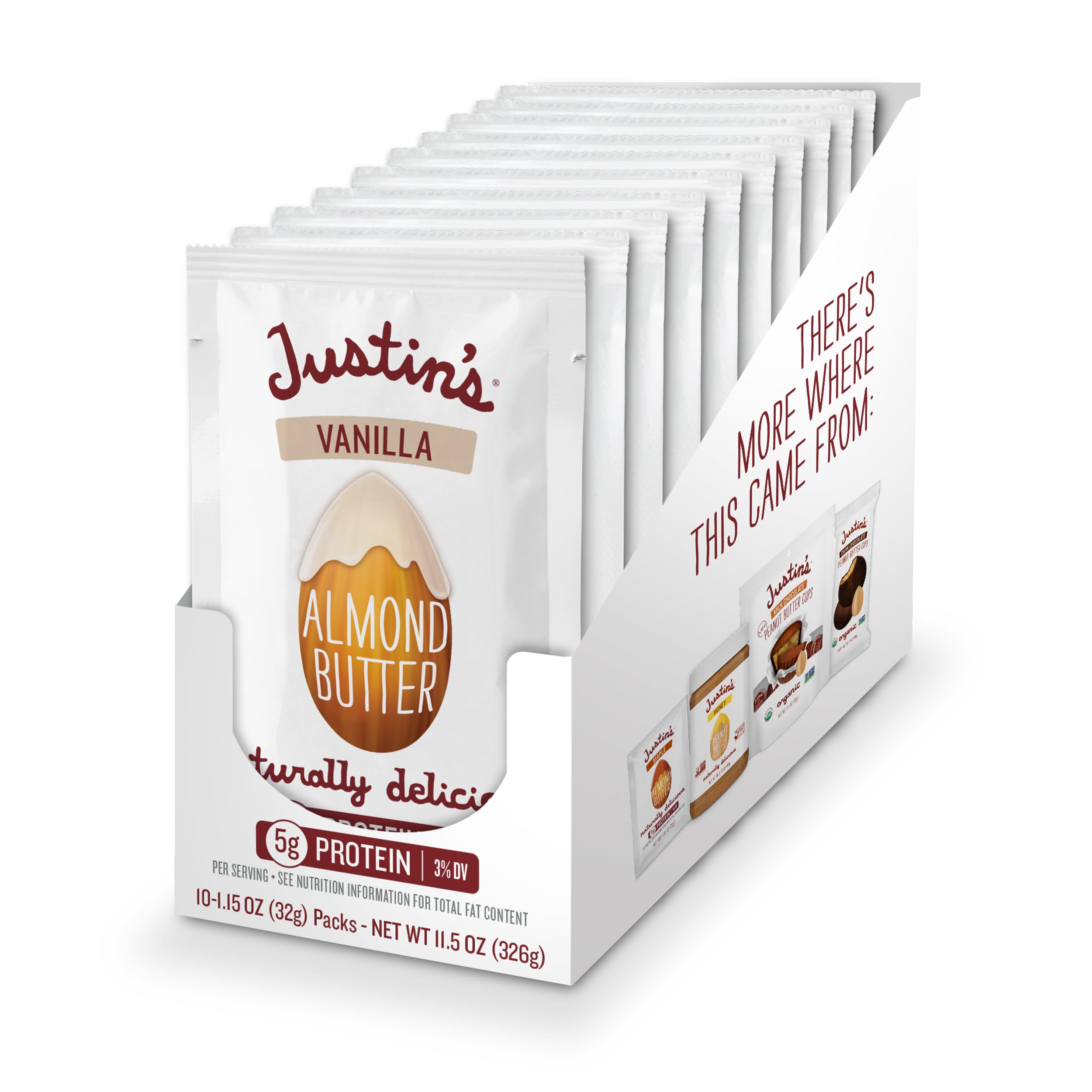 Justin's Vanilla Almond Butter Squeeze pack for on-the-go snacking.