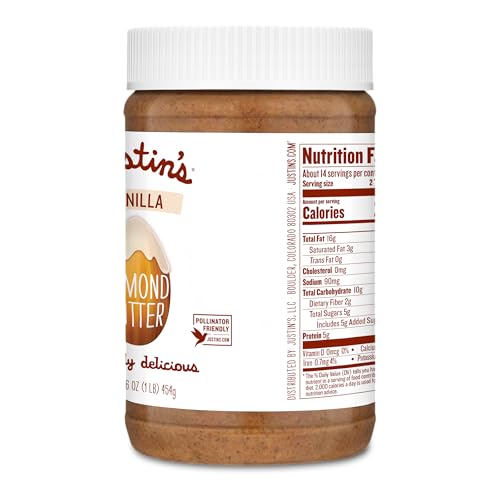 Justin's Vanilla Almond Butter jar features orangutan-friendly palm oil and sustainable practices.