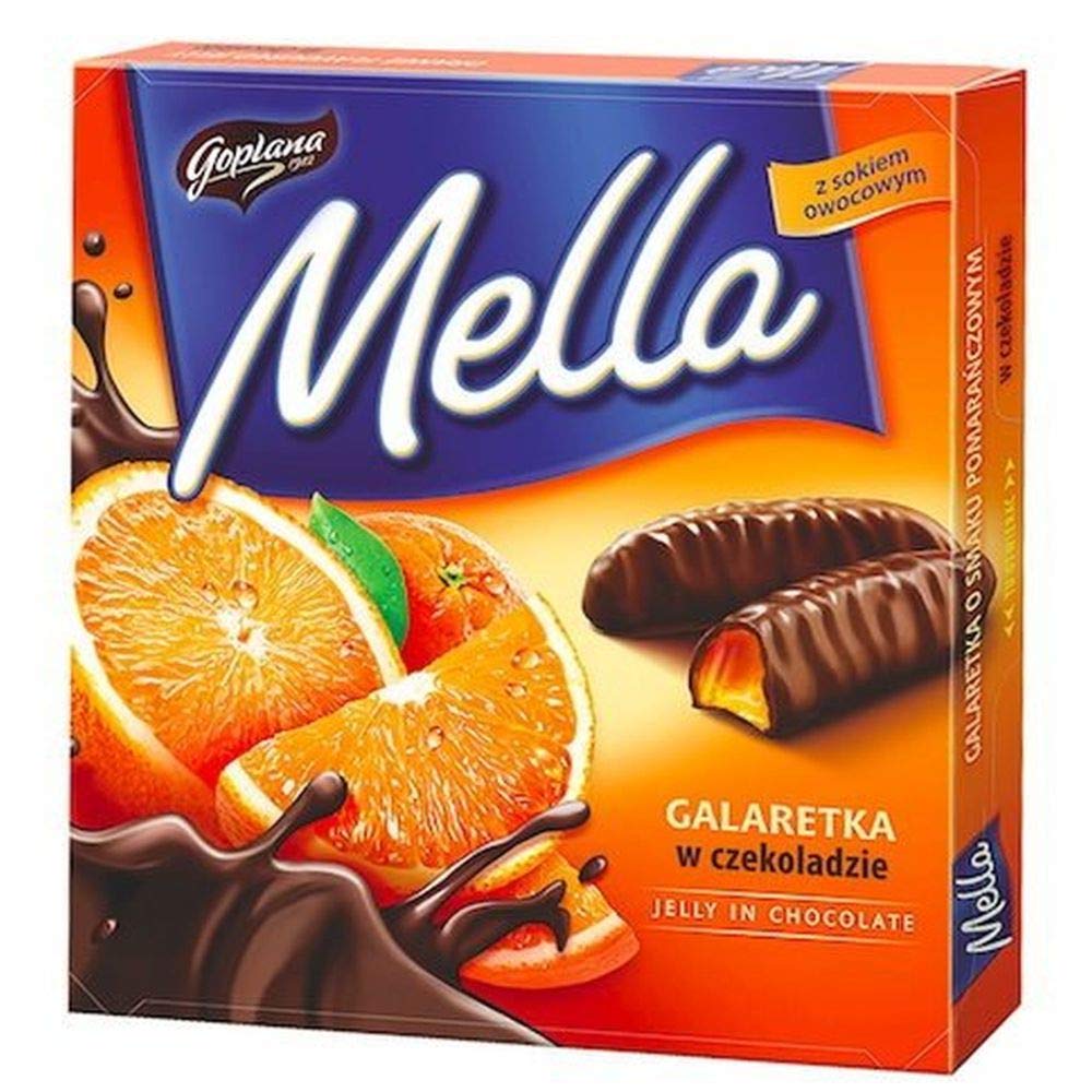 Jutrzenka MELLA chocolate-coated orange jelly snack, perfect for a quick citrus-inspired treat