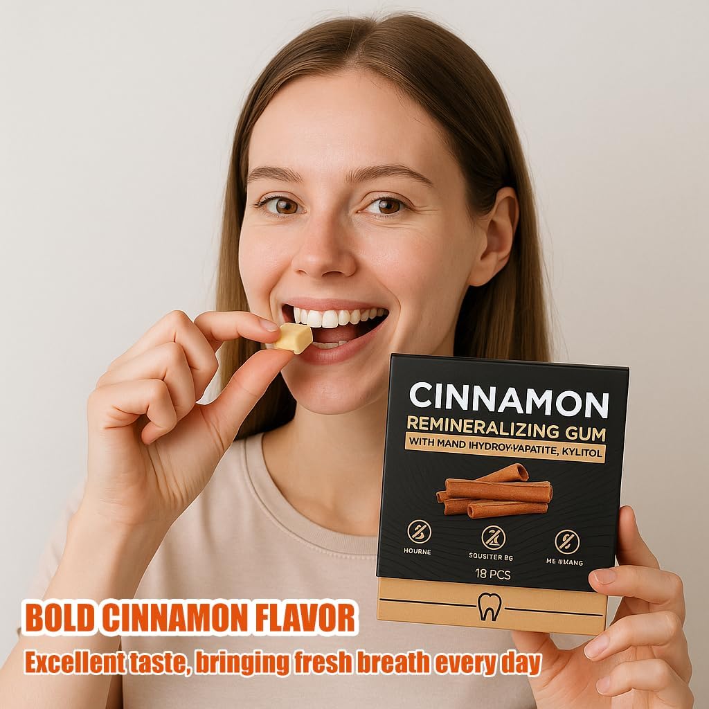 JXSVR Cinnamon Remineralizing Gum packaging label indicating gluten-free and sugar-free