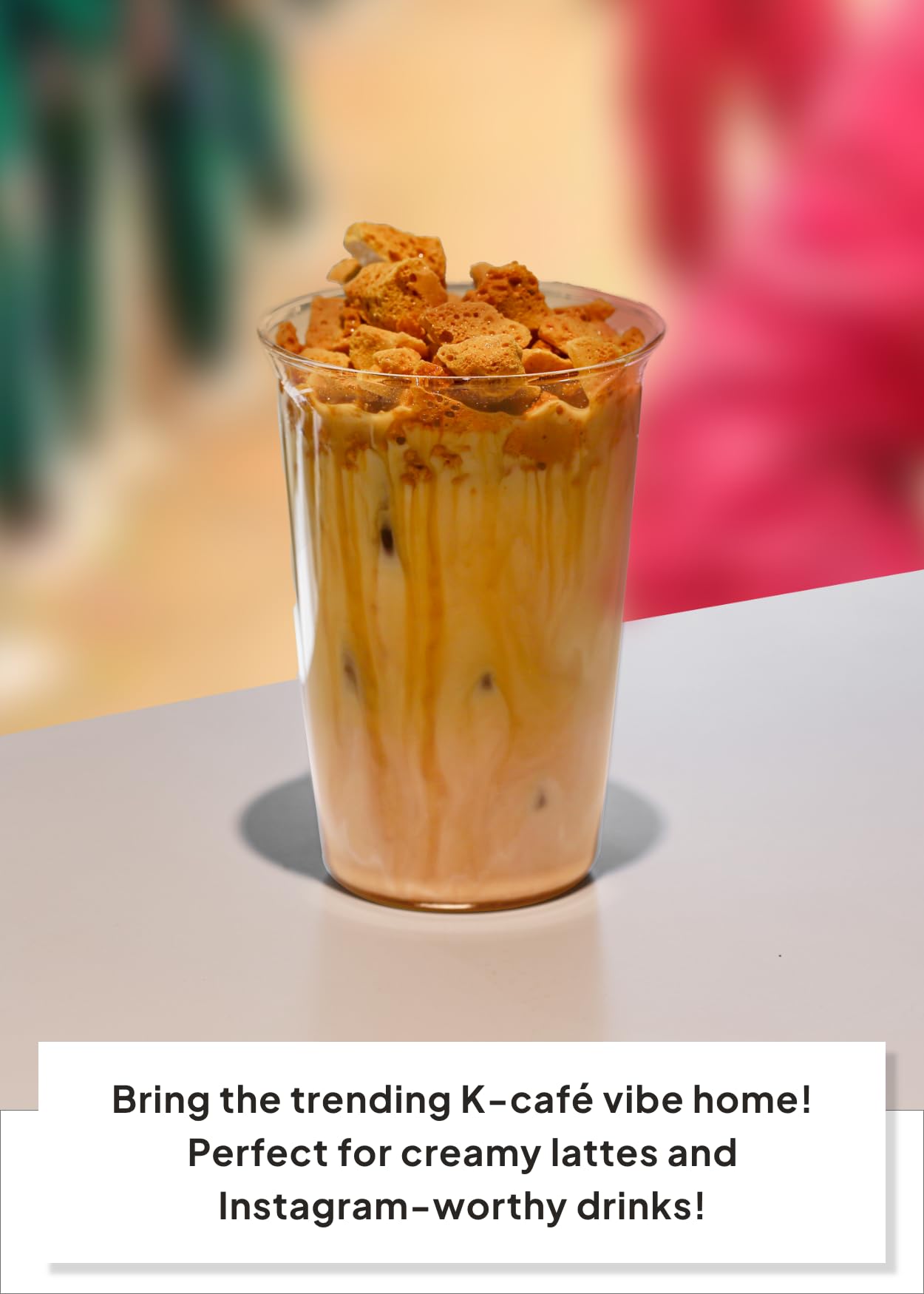K Food Korean Food Dalgona Cafe CHA latte served with crunchy candy topping