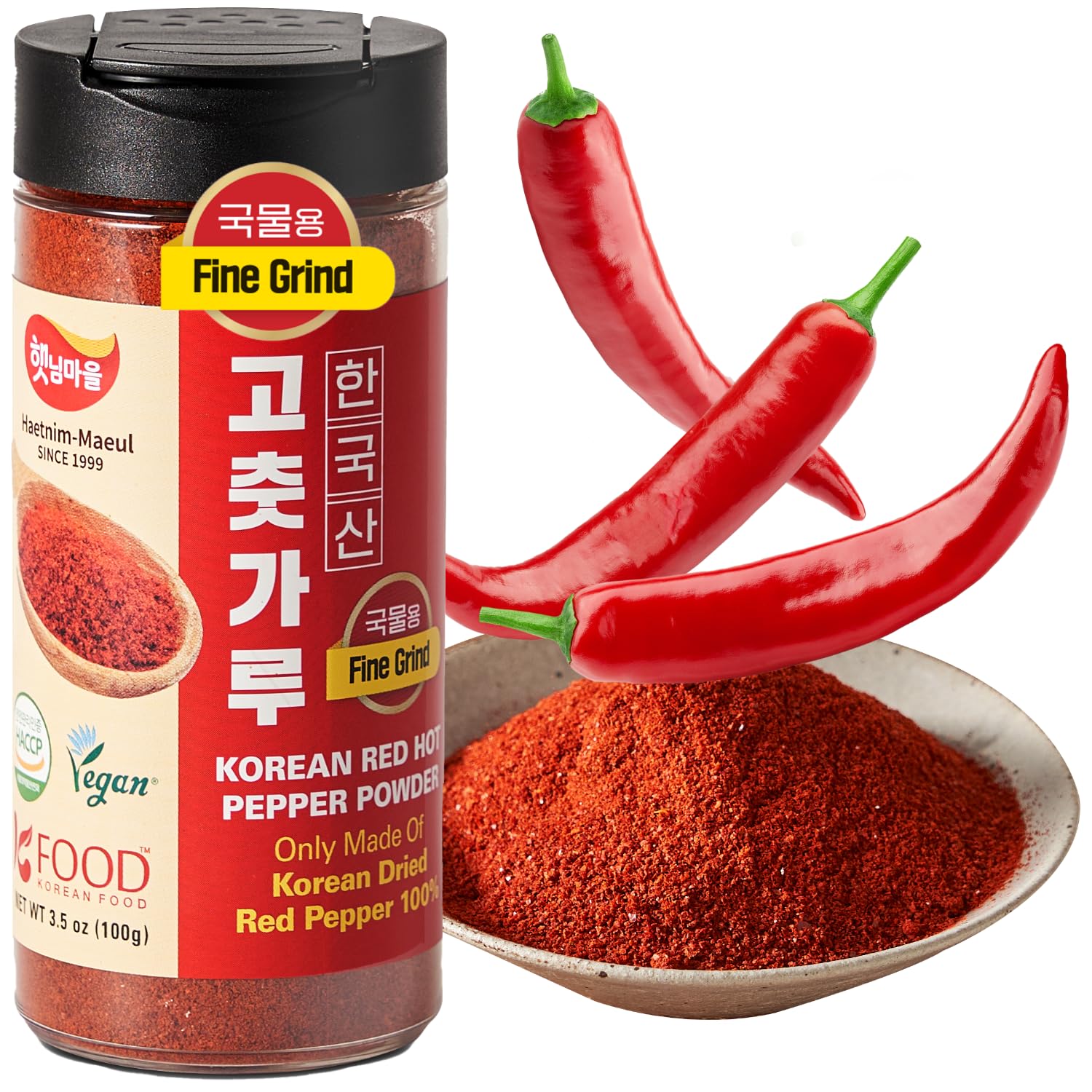 K Food Haetnim Maeul chili powder jar close-up for deep Korean flavor.