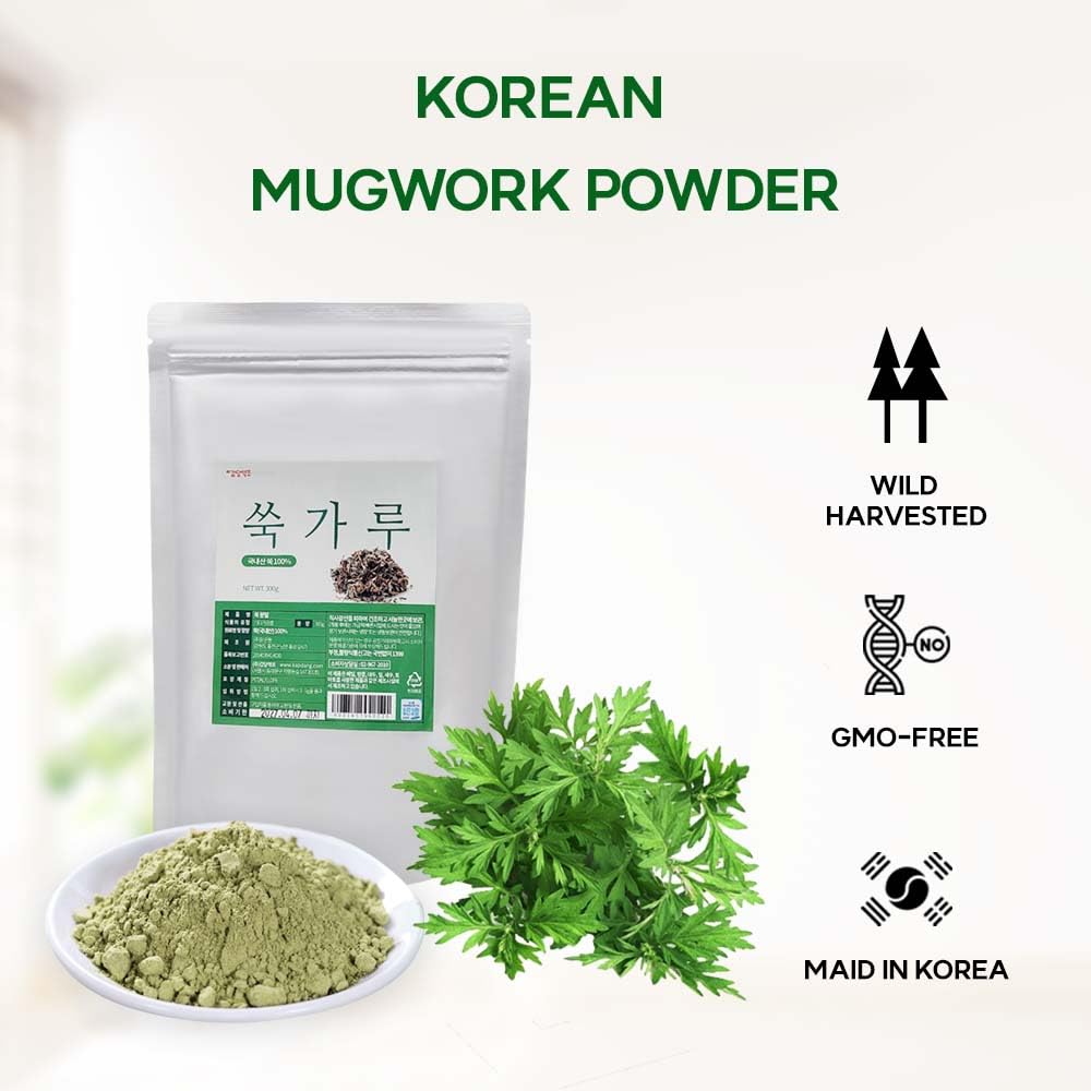 K-Herb mugwort powder close-up showing a fine, blendable texture.