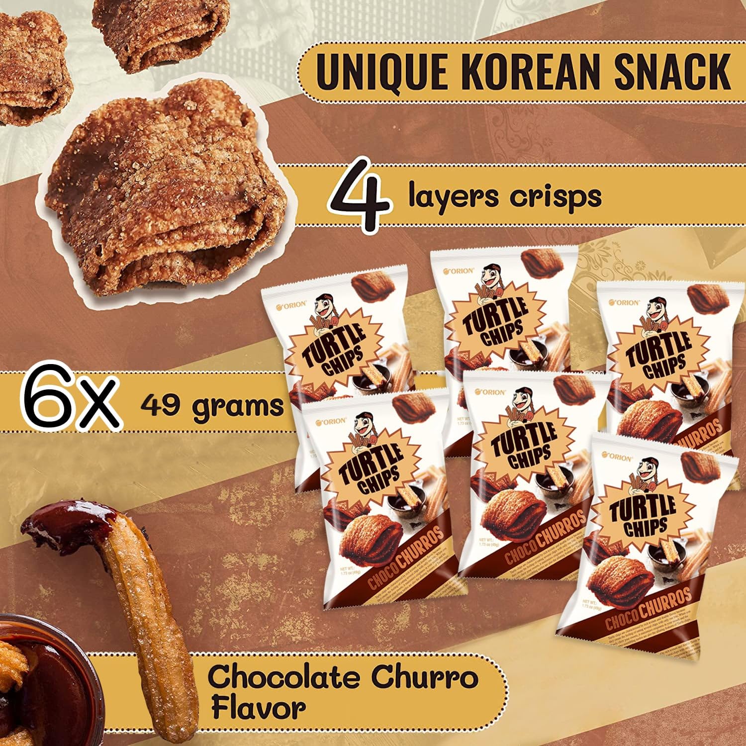 K-Munchies Orion Turtle Chips Choco Churro close-up showing chocolate layers