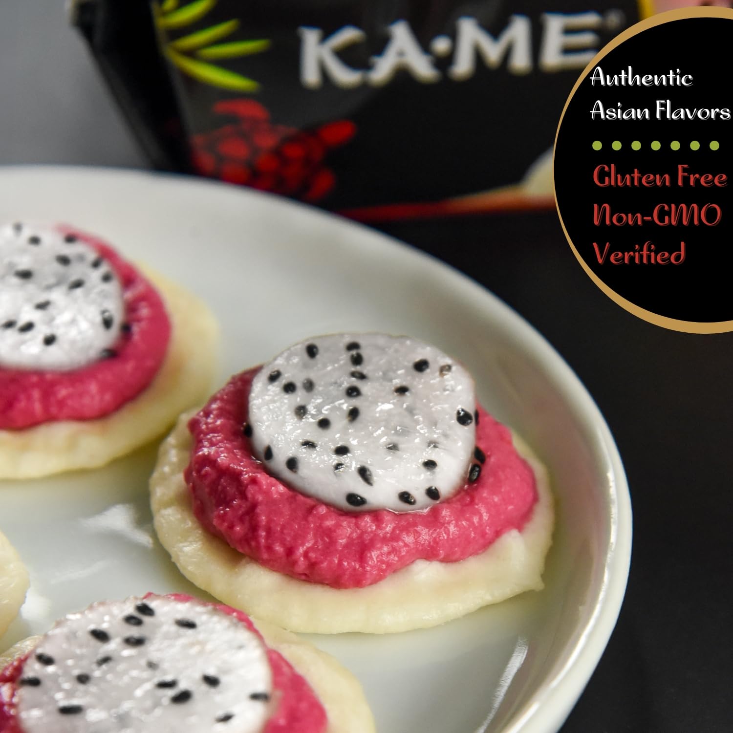 KA-ME Original Rice Crackers with hummus for a quick appetizer