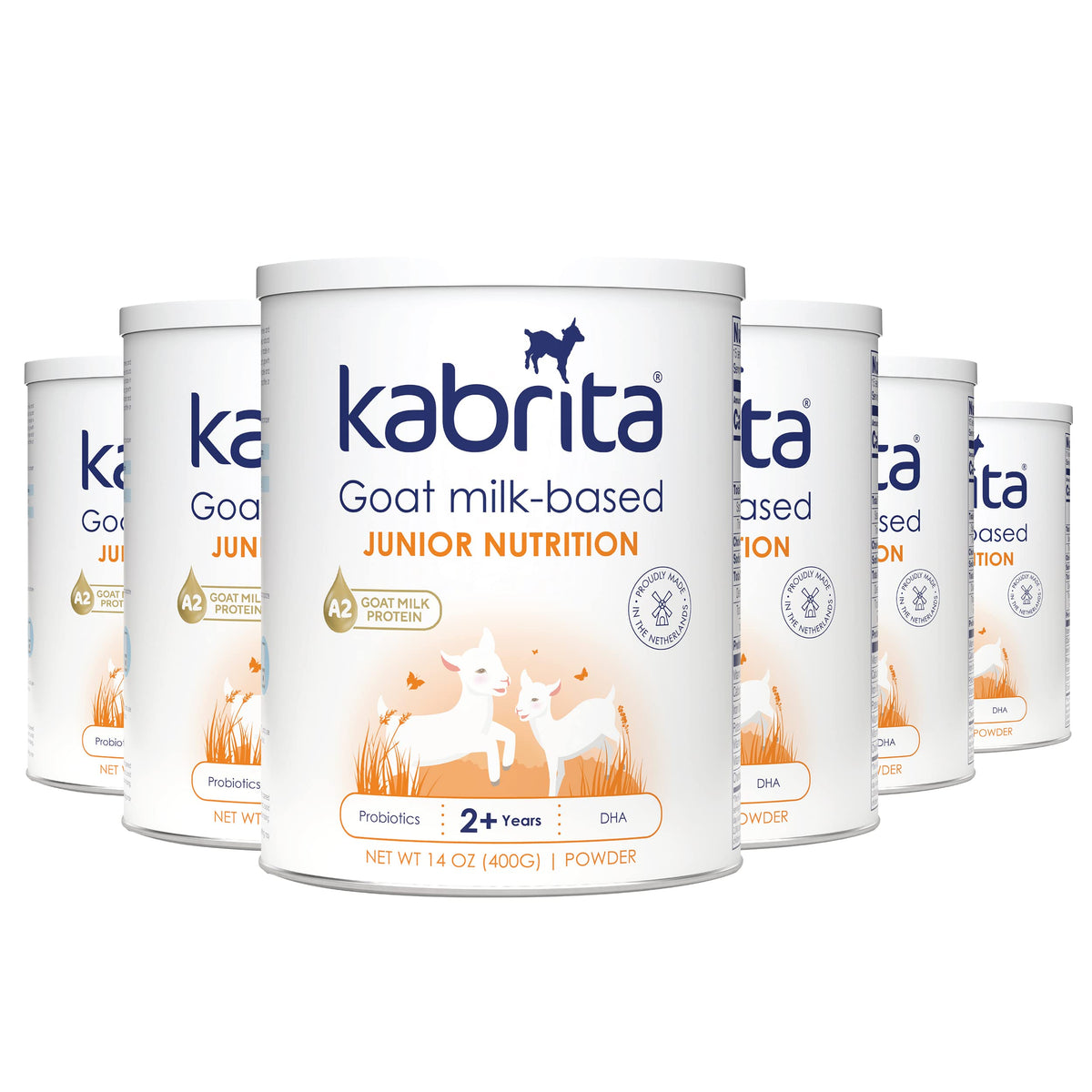 Kabrita Junior goat milk powder bottle close-up highlighting gentle nutrition for growing kids.