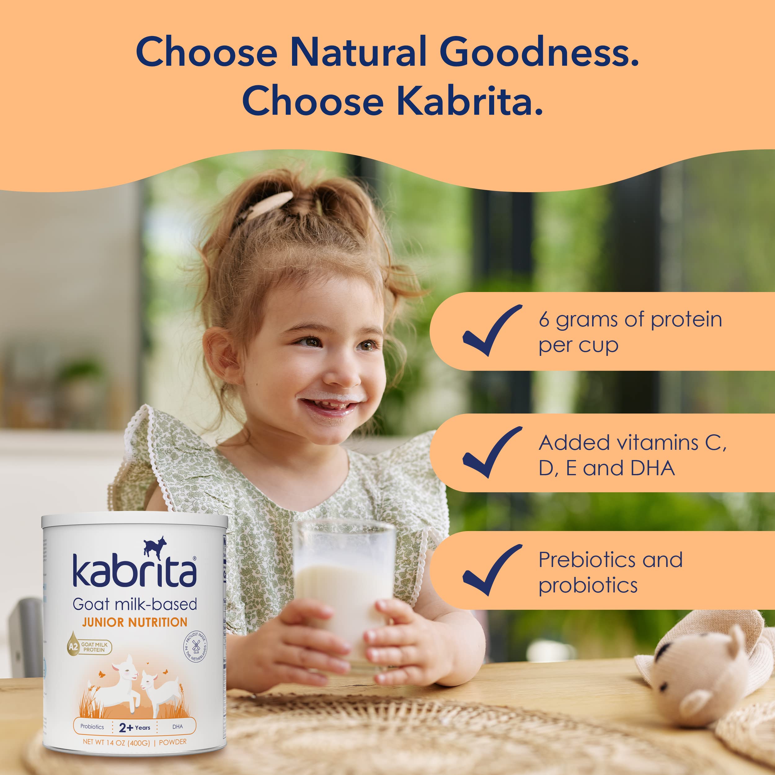 Kabrita Junior kids drinking glass illustrating kid-friendly taste and routine.