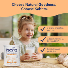 Kabrita Junior kids drinking glass illustrating kid-friendly taste and routine.