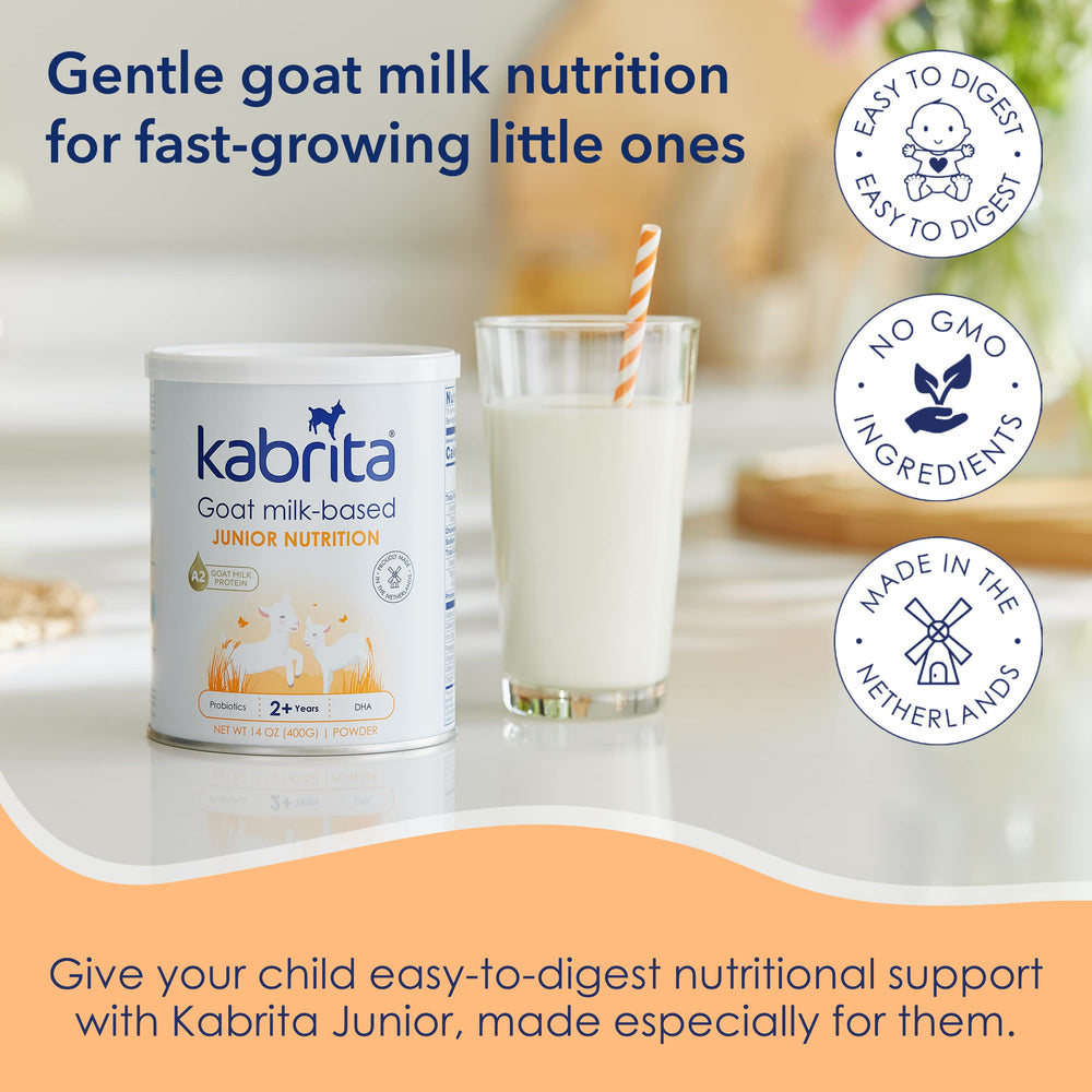 Kabrita Junior nutrition label highlights vitamins and calcium for growth support
