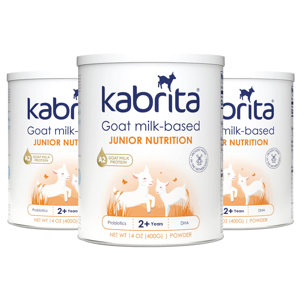 Kabrita Junior three-pack packaging shows convenient family supply for busy mornings