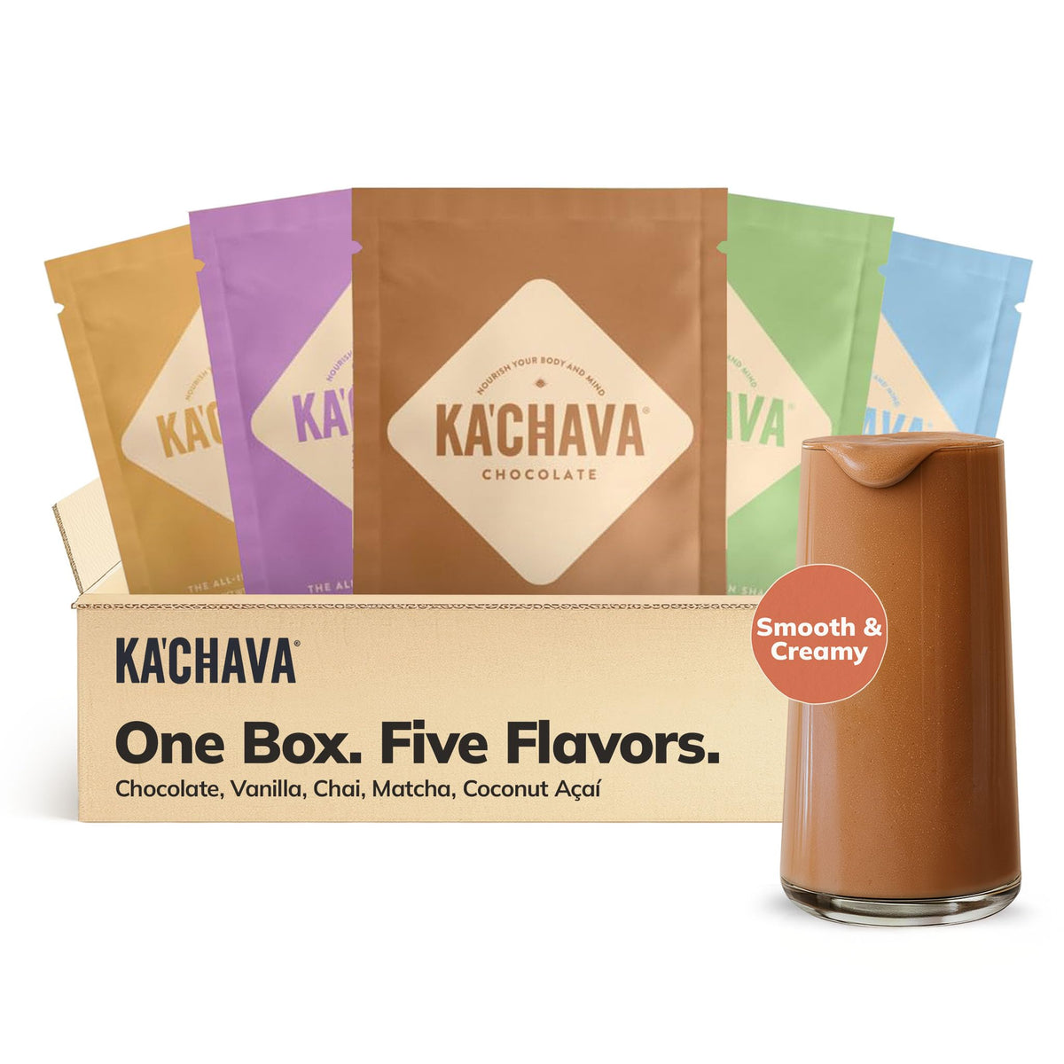 Ka’Chava all-in-one shake chocolate bottle highlights a creamy, plant-based nutrition mix.